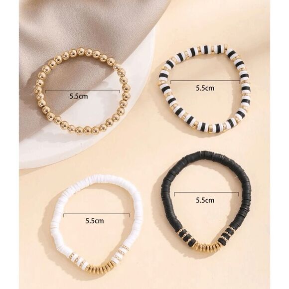 4 Piece Neutral Handmade Polymer Clay Heishi & Gold Beaded Stretch Bracelets - Picture 3 of 3